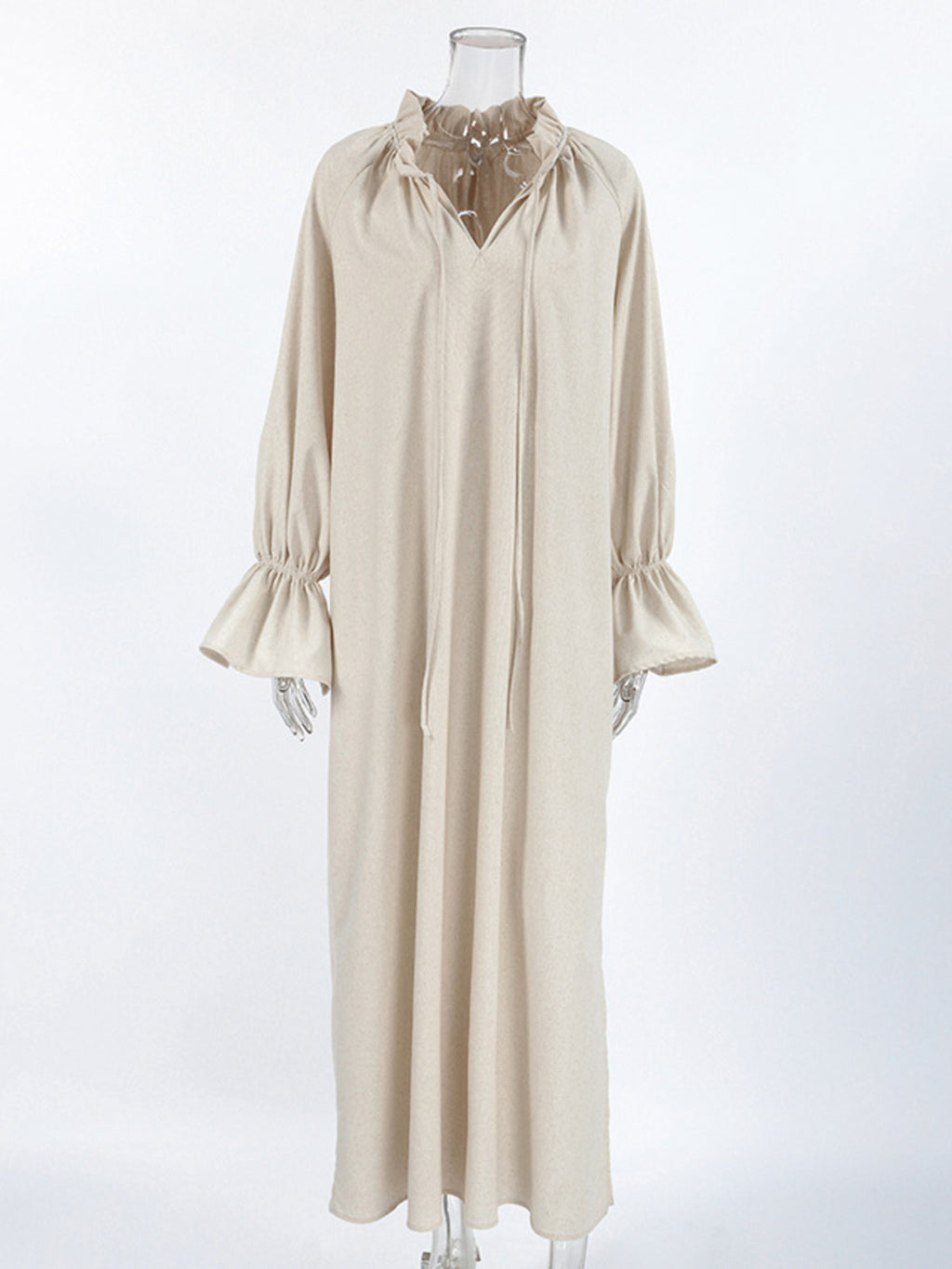 Cotton linen maxi dress with tie neck and flounce sleeves, Trendsi fashion, featuring a flowy silhouette and stylish design.