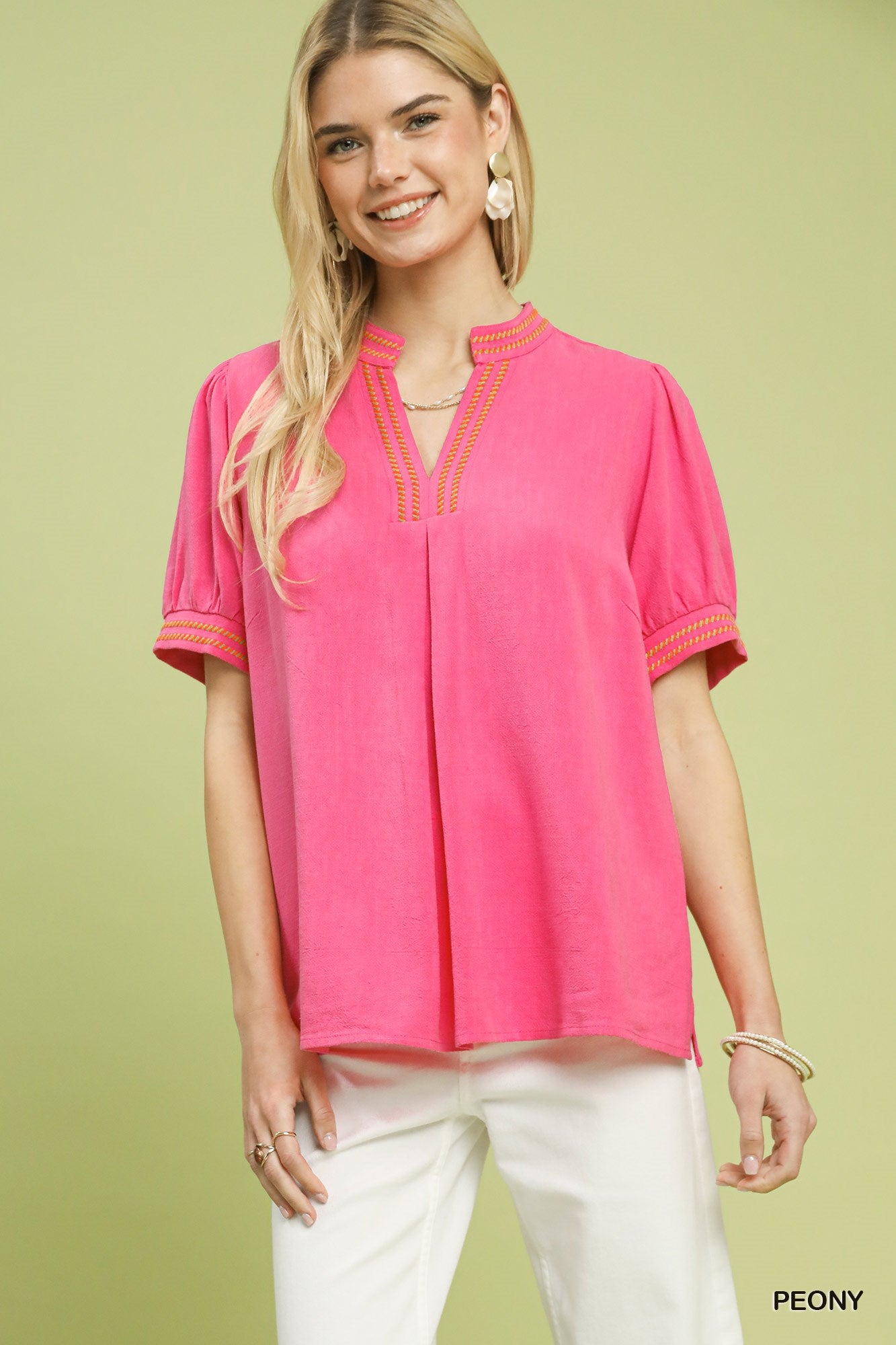 Embroidered linen puff sleeve blouse by Plush Fashion Hub featuring breathable cotton blend fabric and intricate embroidery details.