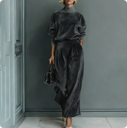 A woman wearing a charcoal grey, velour long-sleeve high-neck top and matching wide-leg trousers, holding a handbag.