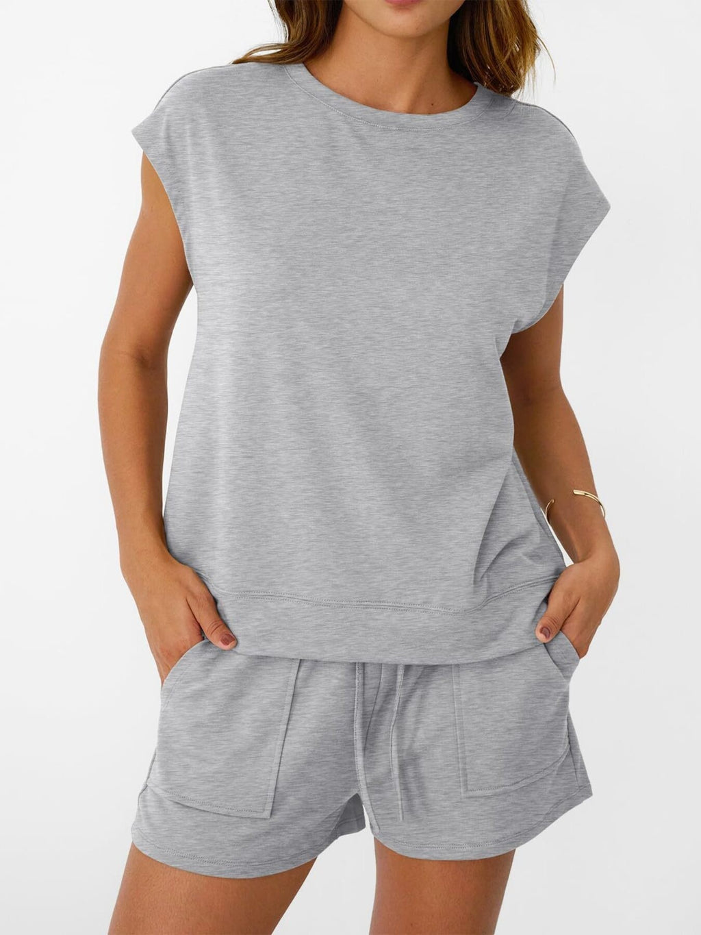 Women's soft round neck cap sleeve lounge set with drawstring shorts, stylish and comfortable 2-piece outfit by Trendsi.