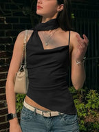 Women's asymmetrical ruched cami top with tie detail, featuring a stylish design and lightweight fabric, perfect for casual wear.