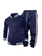 Men's plus size striped snap-down top and pants set by Trendsi, featuring a coordinated full-size casual outfit.