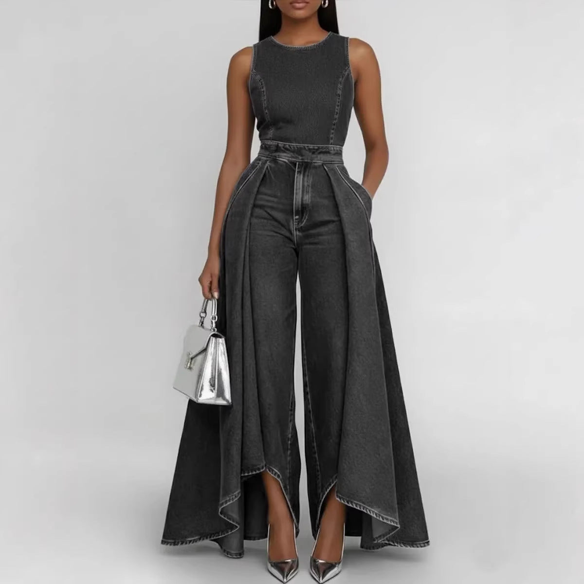 Women’s sleeveless wide-leg denim jumpsuit by FitiqueFit featuring a casual crew neck design and relaxed fit.