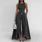 Women’s Crew Neck Sleeveless Wide-Leg Denim Jumpsuit FitiqueFit