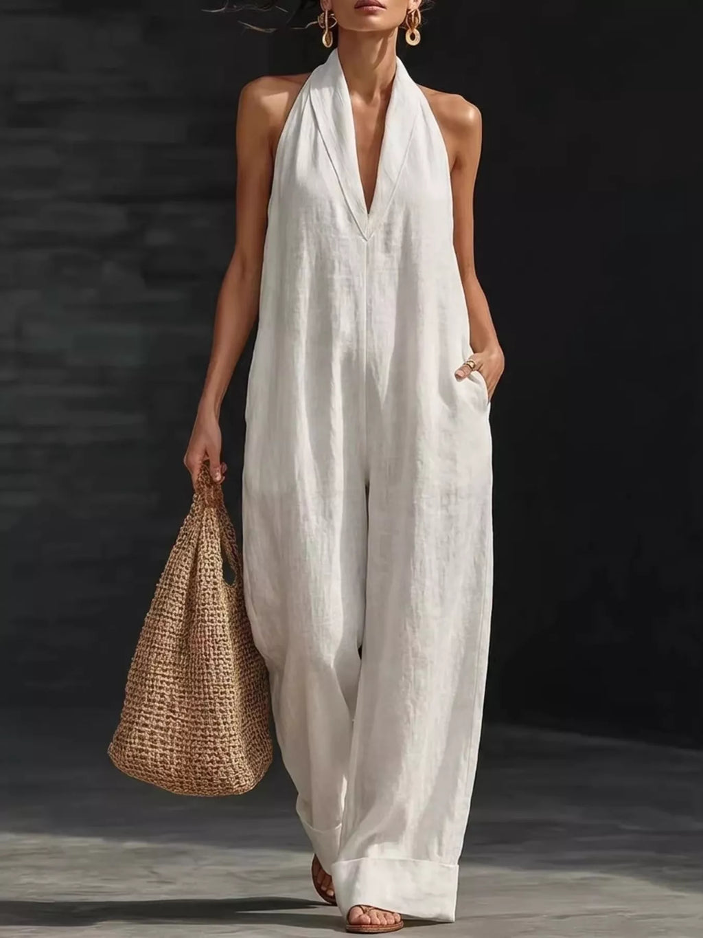 Black halter neck wide-leg jumpsuit from Trendsi, featuring a fitted bodice and flowing pant legs, displayed on a model.