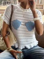 Openwork ruffled hem knit top by Trendsi, featuring a lightweight, textured fabric with ruffle details at the hem.