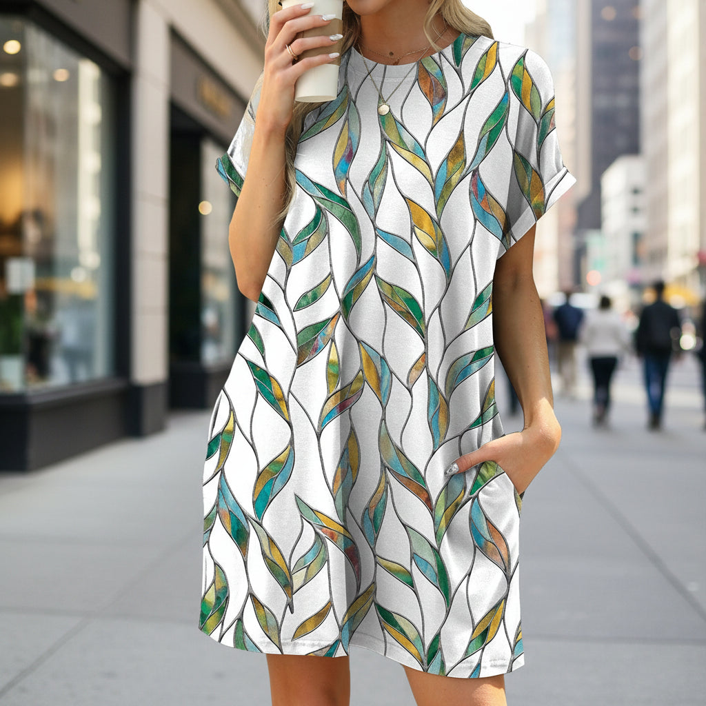 Floral print loose pocket dress by FitiqueFit with round neck and short sleeves, casual wear perfect for warm weather.