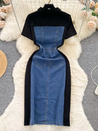 Color block denim patchwork bodycon mini dress by Trendsi featuring a fitted silhouette and vibrant patchwork design.
