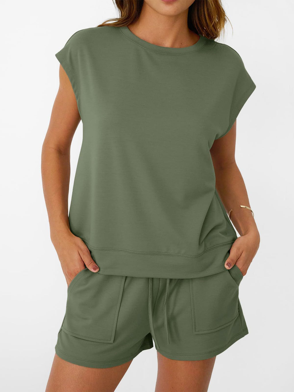 Women's soft round neck cap sleeve lounge set with drawstring shorts, casual 2-piece set by Trendsi, shown in light fabric.