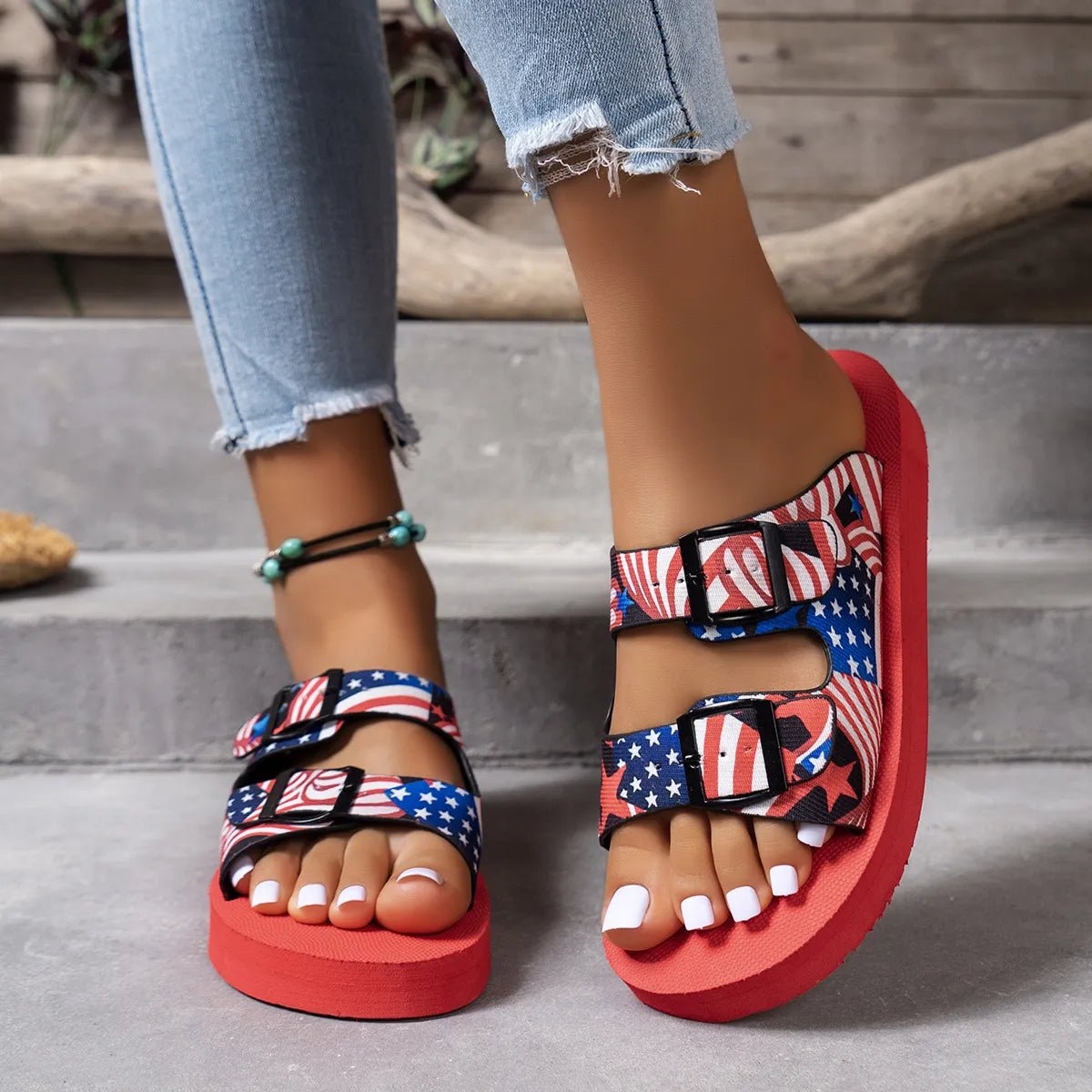 American Flag Patriotic Double Strap Sandals - Plush Fashion Hub