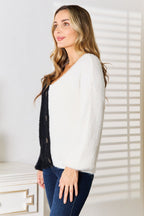 Angel Wings Woven Right Contrast Button - Front V - Neck Cardigan - Plush Fashion Hub