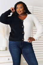Angel Wings Woven Right Contrast Button - Front V - Neck Cardigan - Plush Fashion Hub