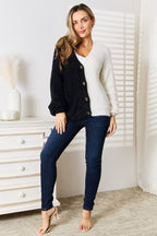 Angel Wings Woven Right Contrast Button - Front V - Neck Cardigan - Plush Fashion Hub