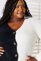 Angel Wings Woven Right Contrast Button - Front V - Neck Cardigan - Plush Fashion Hub