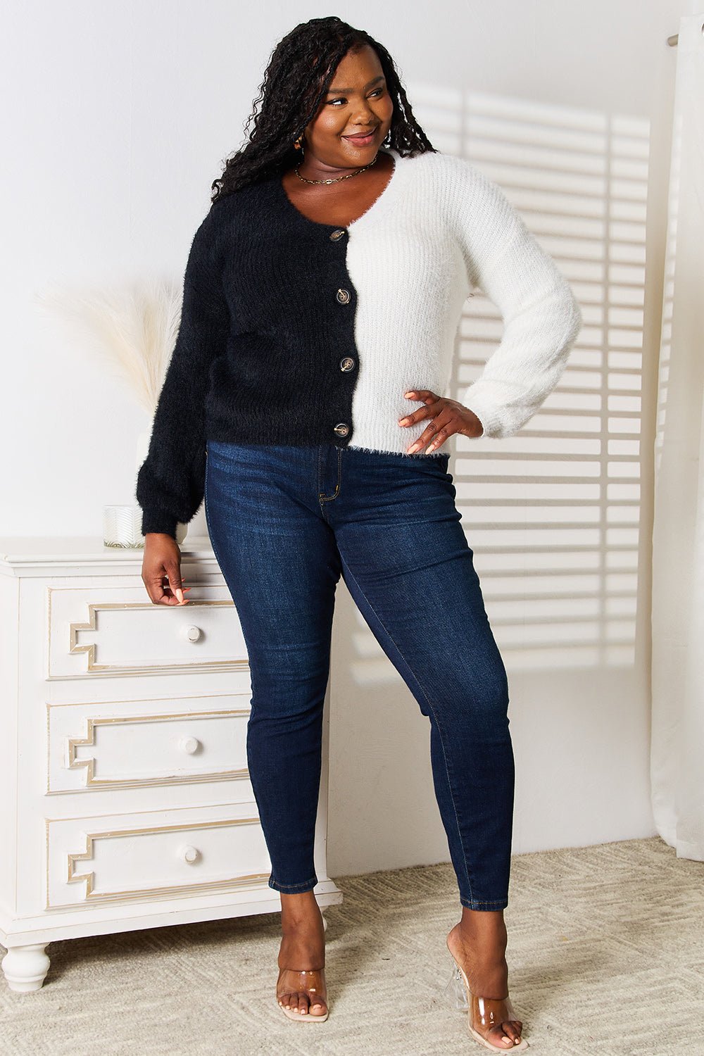 Angel Wings Woven Right Contrast Button - Front V - Neck Cardigan - Plush Fashion Hub