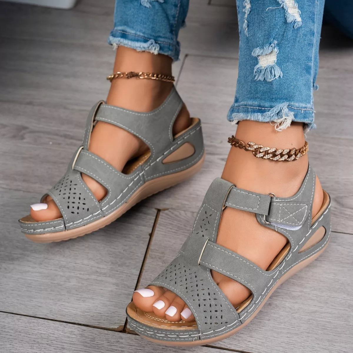 Open toe wedge sandals by Trendsi, stylish footwear with a comfortable wedge heel and open toe design, ideal for warm weather.