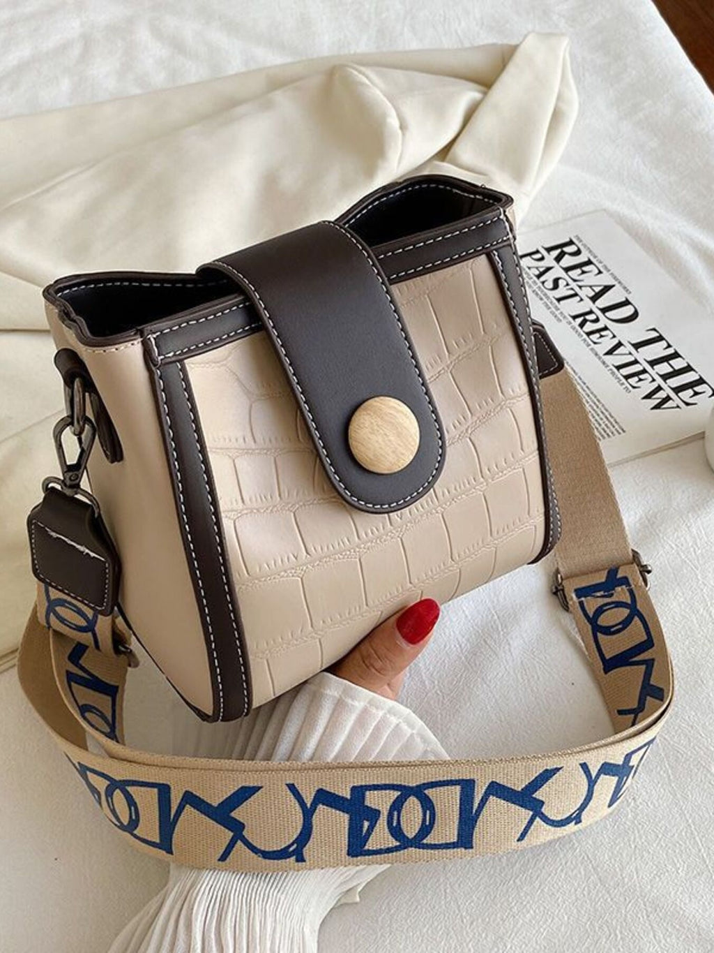 Crocodile embossed wide strap crossbody bag in premium PU leather, stylish and functional bag with gold-tone hardware.