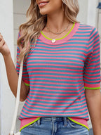 Striped casual T-shirt with contrast trim from Trendsi, featuring a comfortable fit and stylish design.