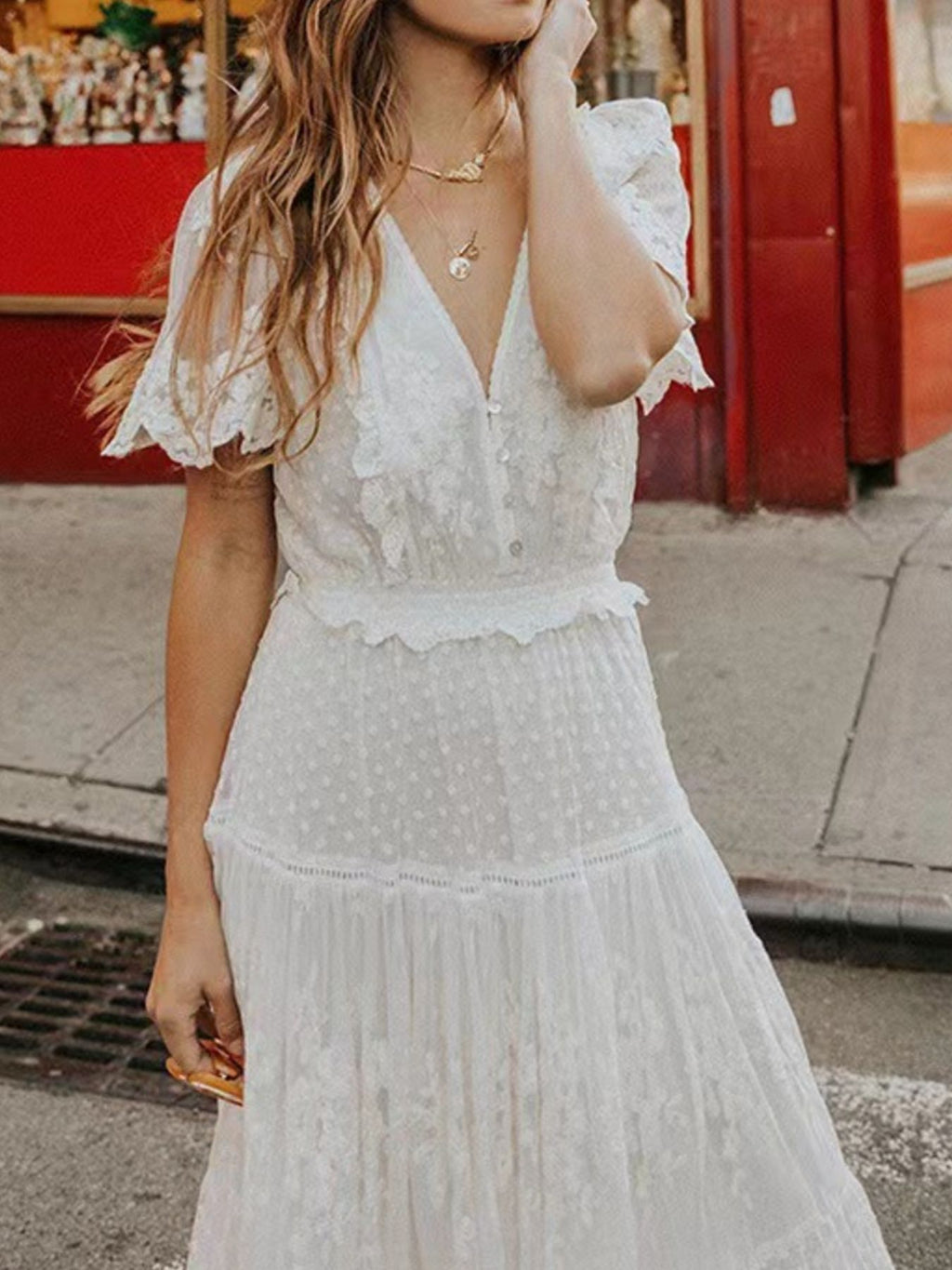 Bohemian lace maxi dress by Trendsi featuring short sleeves, flowing fit, plus size design, elegant and stylish for special occasions.