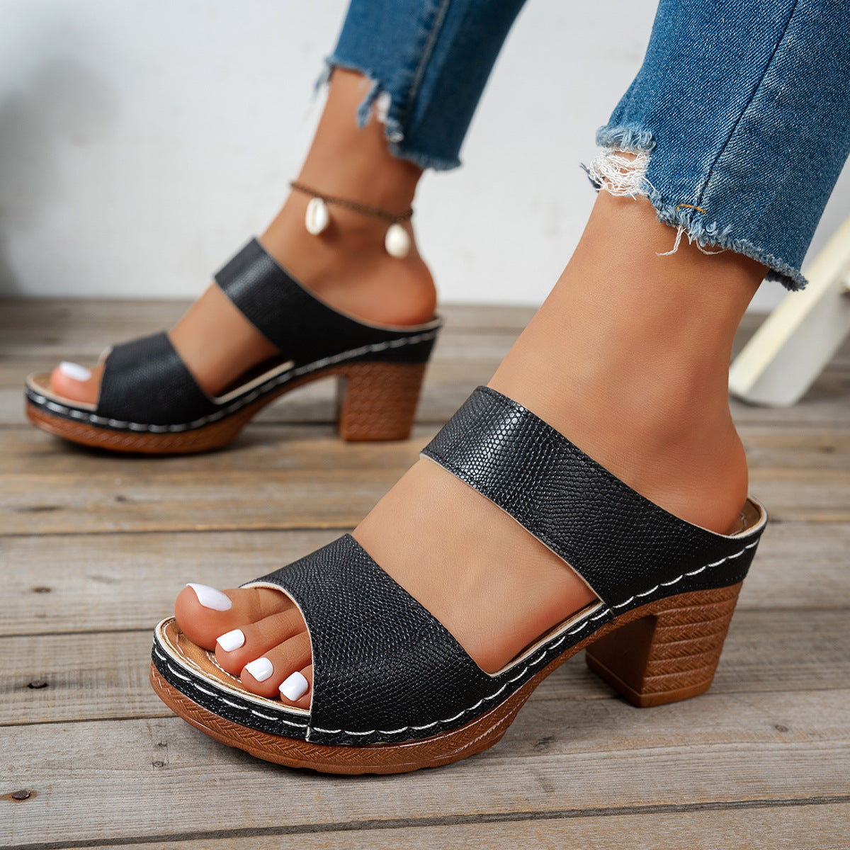 Women's faux leather open toe block heel sandals with mid-height heel, stylish and comfortable shoes from Trendsi.