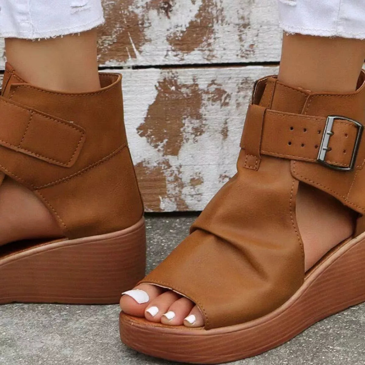 Open toe wedge sandals by Plush Fashion Hub featuring a stylish design with a comfortable wedge heel.