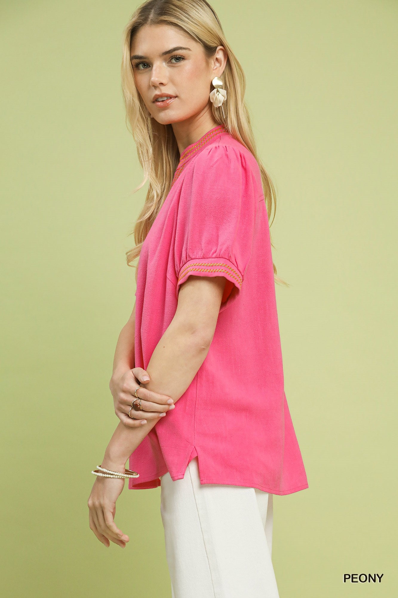 Embroidered linen puff sleeve blouse by Plush Fashion Hub featuring breathable cotton blend fabric and intricate embroidery details.