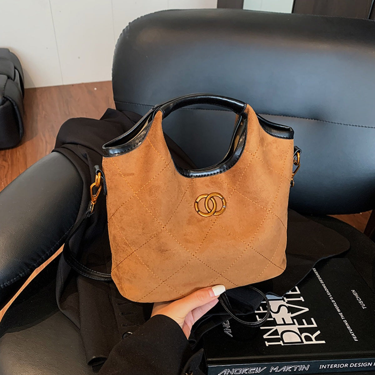 Luxurious suede medium top handle handbag by Trendsi, featuring elegant design and versatile shoulder bag style, perfect for everyday use.
