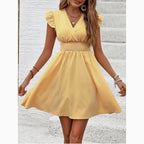 Women's FitiqueFit mini casual dress with V-neck, flutter sleeves, and striped summer pattern, perfect for warm weather.