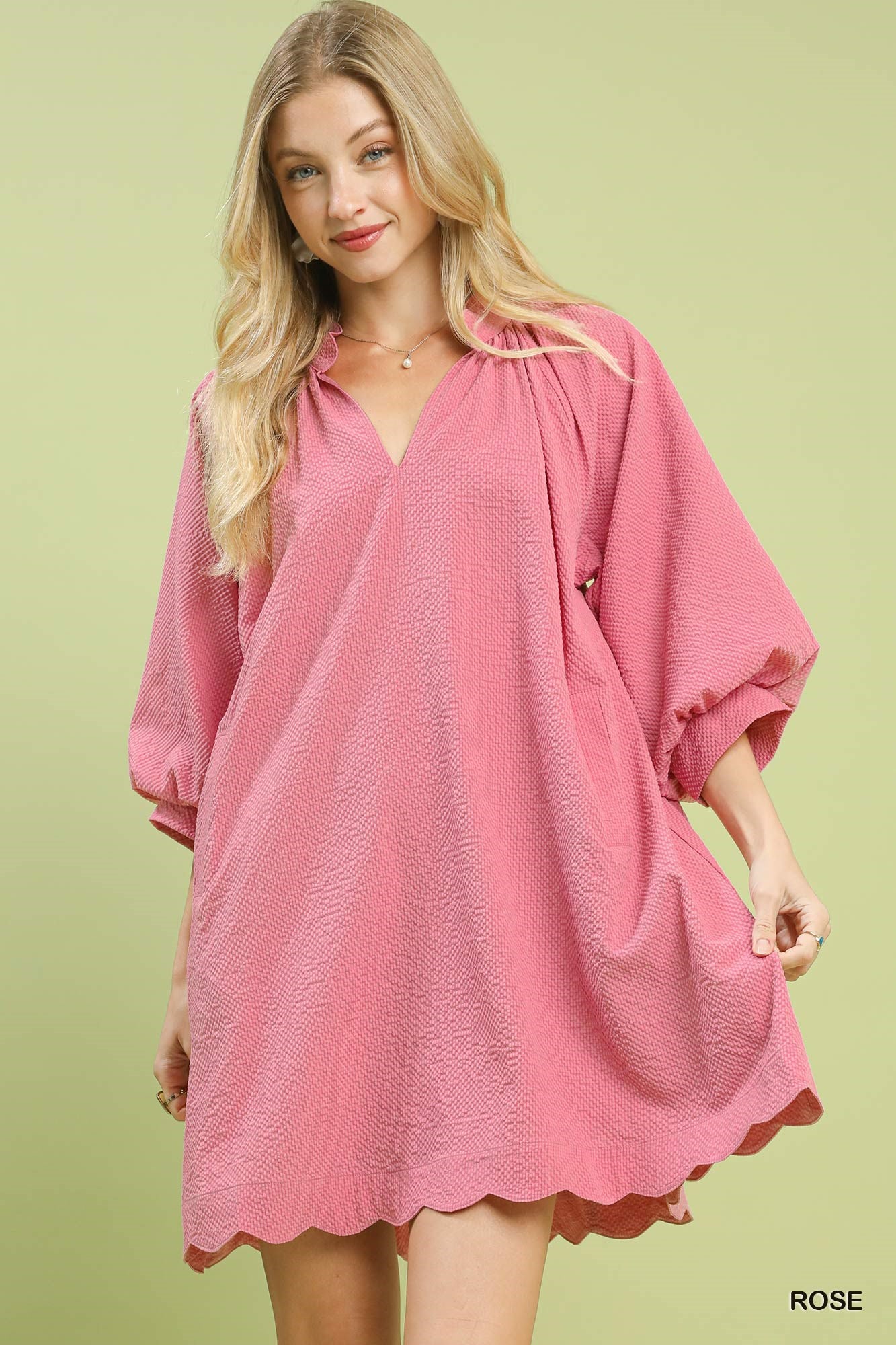 Rose textured balloon sleeve mini dress with pockets, stylish and feminine, by Trendsi, shown on a model.