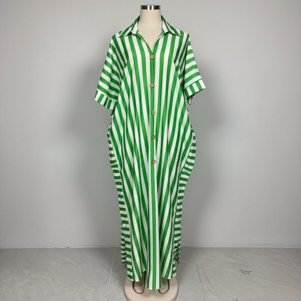 African-inspired striped loose long dress by FitiqueFit in five colors, featuring a relaxed fit and flowing silhouette.