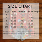 A floral long-sleeved top in soft pink with multicolor wildflower print, overlaid with a garment size chart.