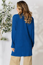 Women's ribbed open front cardigan with functional pockets, lightweight layering, stylish and comfortable women's apparel by Trendsi.