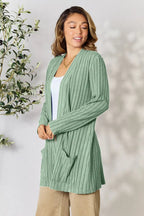 Women's ribbed open front cardigan with functional pockets, lightweight and comfortable, from Trendsi women's apparel.