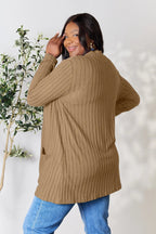 Women’s lightweight ribbed open front cardigan with functional pockets, stylish women’s apparel from Trendsi.
