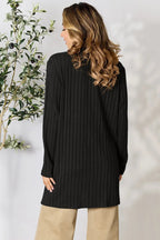 Women's ribbed open front cardigan with functional pockets, lightweight and cozy, perfect for layering.