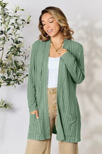 Women's ribbed open front cardigan with functional pockets, lightweight and cozy, perfect for casual layered outfits.