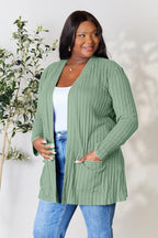 Women's ribbed open front cardigan with functional pockets, lightweight layer, by Trendsi, shown in a full-size view.