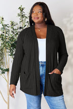 Women's ribbed open front cardigan with functional pockets, lightweight and cozy, perfect for layered casual wear.
