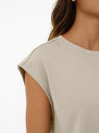 Women's soft round neck cap sleeve lounge set with drawstring shorts, featuring a comfortable 2-piece design by Trendsi.