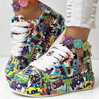 Women's round-toe thick-sole lace-up sneakers by FitiqueFit featuring casual print design and sturdy footwear style.
