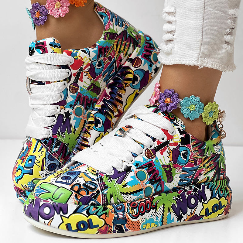 Women's round-toe thick-sole lace-up sneakers by FitiqueFit featuring casual print design and sturdy footwear style.
