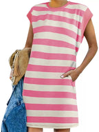Plus size casual striped short sleeve mini dress by Trendsi, featuring a full-size fit and trendy design.