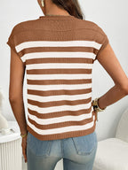 Women's striped knit cap sleeve sweater with pocket detail, trendy and cozy, featuring a stylish design and comfortable fit.