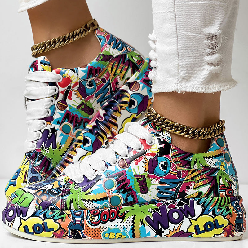 FitiqueFit women's round-toe thick-sole lace-up sneakers with casual print design, stylish footwear for everyday wear.