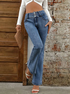 Plush Fashion Shop denim bootcut jeans with front and back pockets, classic blue wash, and fitted waist for casual wear.