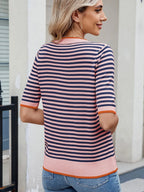 Striped casual T-shirt with contrast trim from Trendsi, featuring a relaxed fit and stylish design, shown in the product image.