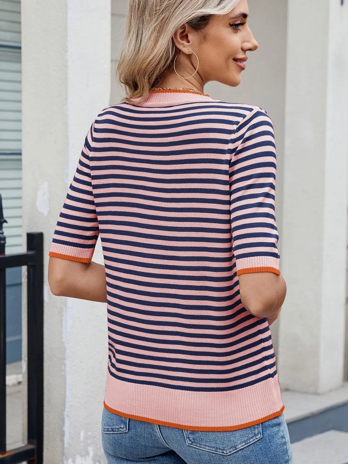 Striped casual T-shirt with contrast trim from Trendsi, featuring a relaxed fit and stylish design, shown in the product image.
