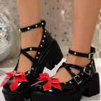 Women's bow decor Mary Jane high heel loafers in elegant PU leather, featuring a stylish bow detail and classic shoe design.