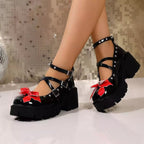 Women's bow decor Mary Jane high heel loafers made of elegant PU leather, featuring a stylish bow detail and comfortable design.