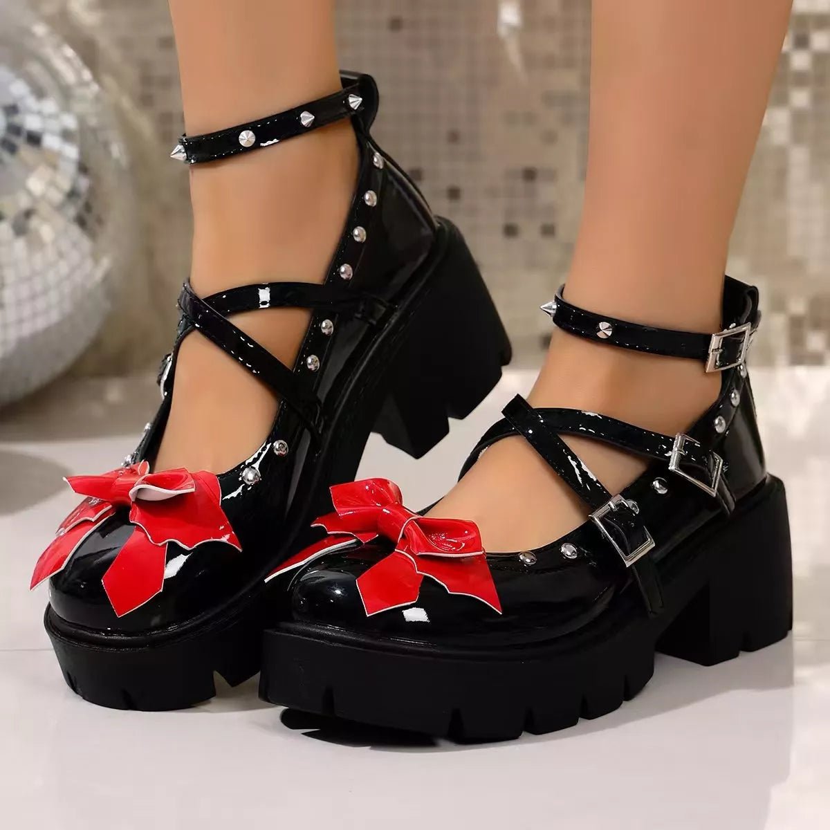 Women's Mary Jane loafers with bow decor and high heels, made of elegant PU leather, by Trendsi.